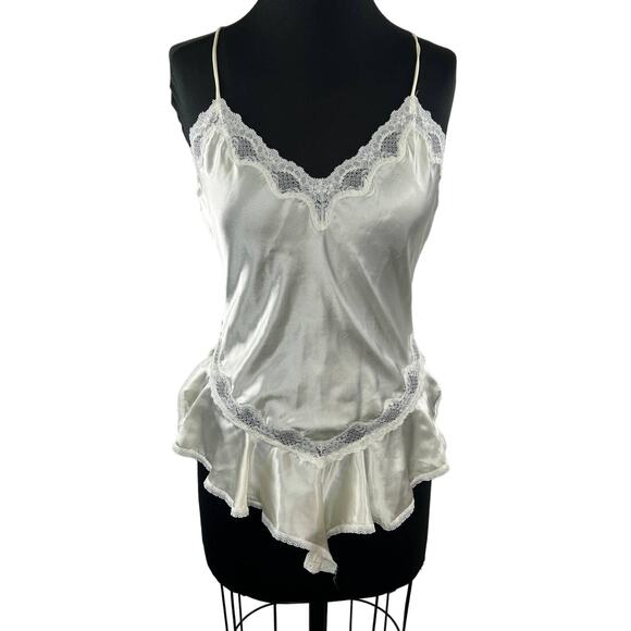 VTG Woolite Sheri Gregory White Silky Satin Lace Teddy Ruff Bodysuit Lingerie S - Picture 1 of 7